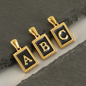 Rectangle Initial Letter Pendant Necklace Stainless Steel 18K Gold Plated Black Enamel Retro Jewelry