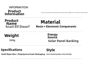 Detailed technical specifications for solar powered resin snail elf garden ornament
