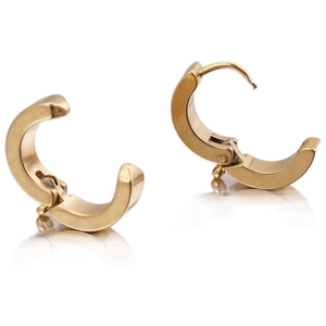 Detailed close-up of gold-plated stainless steel hoop earrings with hinge mechanism