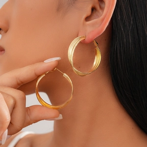 Geometric Multi Layer Round Hoop Earrings With Silver Earring Post Copper 18K Gold Plated Matte Polished For Women