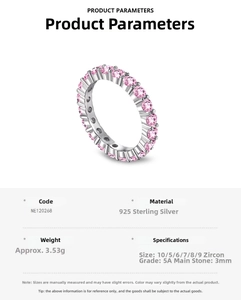 Detailed chart of 925 sterling silver ring featuring 3mm pink 5A cubic zirconia stones