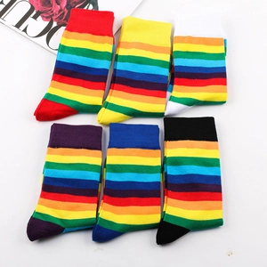 Detail of six pairs rainbow striped crew socks set made of premium combed cotton fabric
