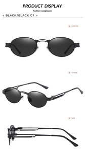 Three views of black steampunk metal sunglasses featuring flexible spring hinges and oval lenses