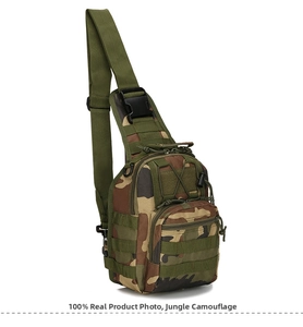 Tactical jungle camouflage chest bag with MOLLE webbing and adjustable shoulder strap