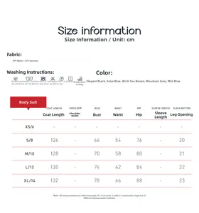 Tableau des tailles détaillé pour le body de yoga extensible avec mesures en centimètres