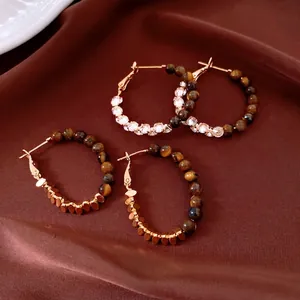 Tiger Eye Hoop Earrings With Zircon Spliced Design Geometric Vintage Chic Gold Plated Jewelry For Women With Silver Earring Post