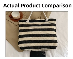 Detail of striped woven tote bag with sturdy rope handles and spacious interior design