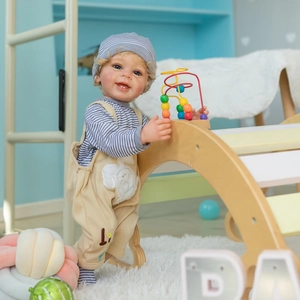 Detailed realistic 3D painted boy doll in beige overalls playing with a bead toy