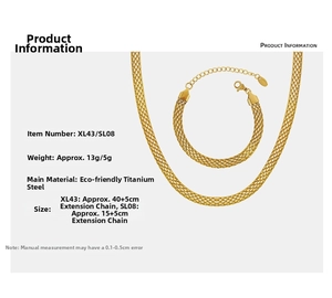 Detail of gold mesh woven jewelry set showing titanium steel necklace and bracelet specs