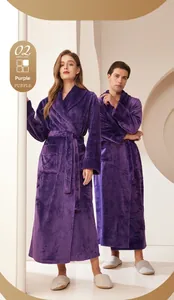 Detail of purple flannel robe with shawl collar and waist belt for men and women