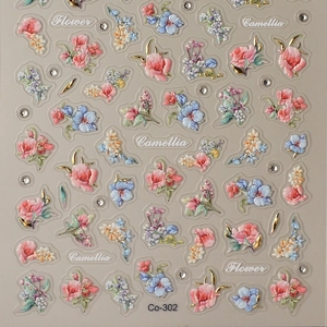 3D embossed floral nail art stickers with camellia designs and golden accents Co-302