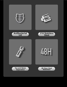 Detail view of 316 stainless steel liner, tea filter, and 48h thermal performance icons