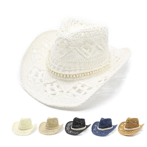 Chapeau De Cowboy En Paille Ajouré Chapeau De Soleil En Papier Avec Décoration De Künstliche Perles Respirant À Bord Large Voyage À La Plage