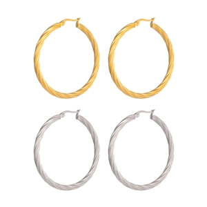 Twisted rope hoop earrings set in 18K gold and silver plated stainless steel finishes