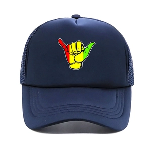 Detail of navy blue trucker hat showing colorful shaka sign gesture print and breathable mesh