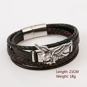 Men's eagle charm braided leather bracelet with magnetic steel clasp, 21cm long