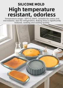 Detailed heat-resistant silicone cake mold set with handles and temperature range labels