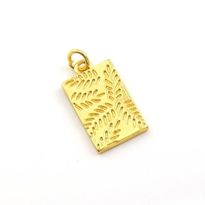 Golden rectangular pendant with fine leaf vein texture and metal loop for DIY jewelry