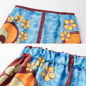 Detail of vintage print swimwear featuring flat and elastic waistband construction