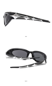 Side and back view of punk style Y2K sunglasses with silver star details on black frames