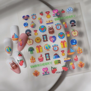 5D embossed nail stickers FEB-829 with 3D embroidery texture featuring cute mini icons