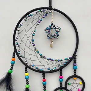 Dream catcher wall hanging with crescent moon frame, colorful laser beads and black feathers