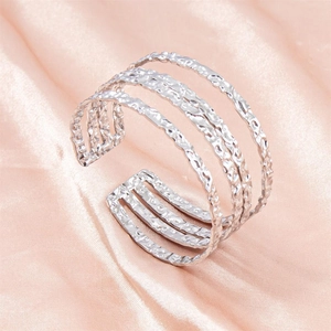 Three-layer silver stainless steel open bangle with unique hammered texture design