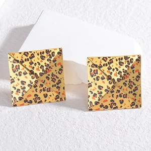 Stylish square cone earrings with leopard print and a glossy metallic finish on a white base