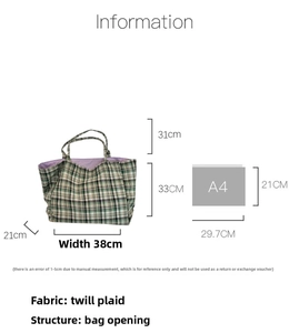 Detailed dimensions of checkered canvas tote bag with 31cm handle and 38cm width size guide