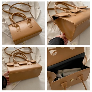 Collage showing front, side, base and interior of light brown structured handbag