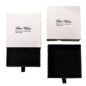 Minimalist drawer-style jewelry gift box with Best Wishes text in ivory and navy blue