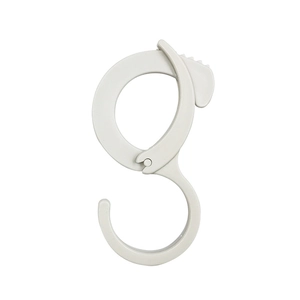 White plastic S-shaped utility hook with secure locking clip for strollers and closets