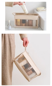 Detail of the portable travel toiletry bag featuring breathable mesh and top handle