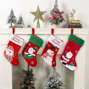 Classical Christmas Stocking Gift Bag With Embroidered Santa Claus Snowman Pattern For Home Fireplace Holiday Decoration