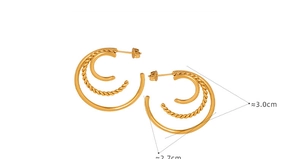 Detailed view of gold C-shaped earrings with triple nested rings and size measurements