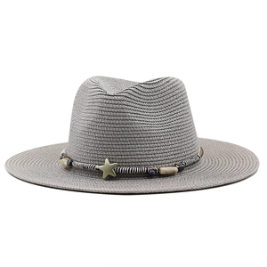 Classic grey woven straw fedora hat with star charm and decorative beaded band