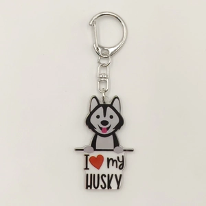 Detailed view of 2D acrylic husky keychain with I love my husky text and silver D-ring