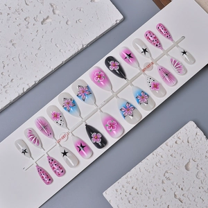 24pcs French almond press-on nails with 3D floral designs and star patterns set