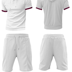 Detail of white waffle knit texture on hooded t-shirt and shorts two-piece sports set