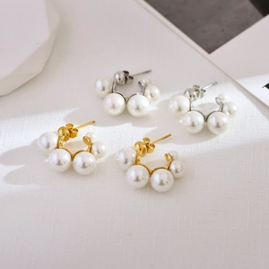 Elegant Cluster Artificial Pearl Stud Earrings With 925 Sterling Silver Earring Post Stainless Steel C-Shape Jewelry For Women
