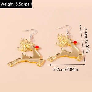 Detail of mirror gold acrylic reindeer earrings with red spots and size measurements