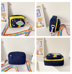 Detail view of cartoon UFO kids canvas shoulder bag with rainbow strap and multi-angle views