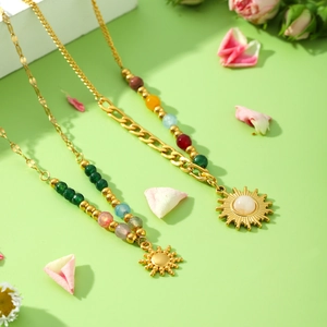 Collier Pendentif Soleil Vintage Acier Inoxydable Perles Pierre Naturelle Coloré Boho Plaqué Or Pour Femmes