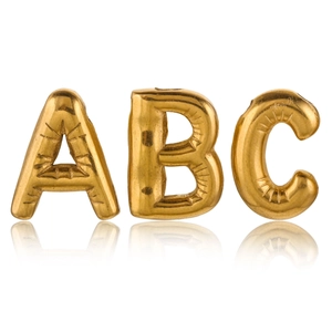 Macro detail of glossy gold bubble alphabet pendants showing letters A, B, and C with metallic shine