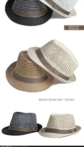 Detail of multi-color breathable straw fedora hats with striped bands for sun protection