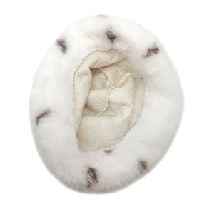 Winter faux fox fur bucket hat for women with spotted pattern on white plush material