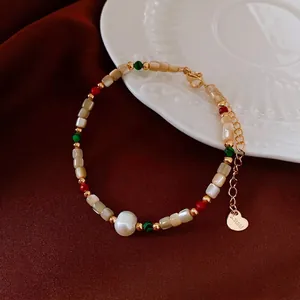 Beaded Bracelet With Freshwater Pearl Shell Beads And Stainless Steel Heart Pendant Retro Gold Plated Jewelry For Women