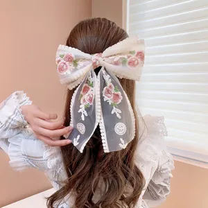 Elegant Floral Embroidery Bow Hair Clip Lace Mesh Ribbon Streamer Sweet French Retro Hair Accessories Women Girls