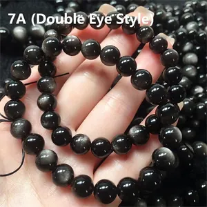 Premium 7A grade natural obsidian bracelet featuring beads with double-eye flash effect