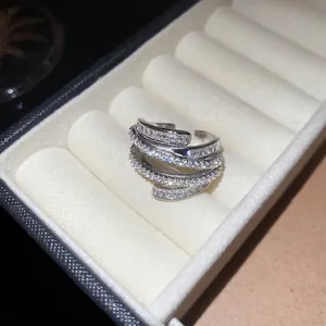 Sparkling silver zircon geometric open ring featuring multi-layer pavé crystals in a jewelry box